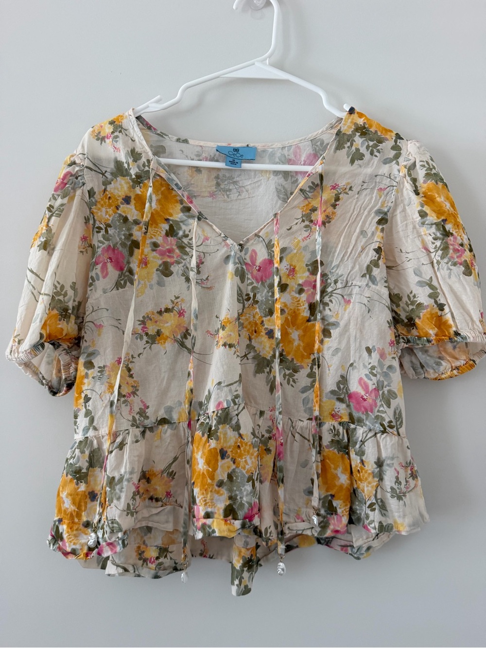 CeCe Cream Floral Puff Sleeve Peplum Blouse Women’s Medium